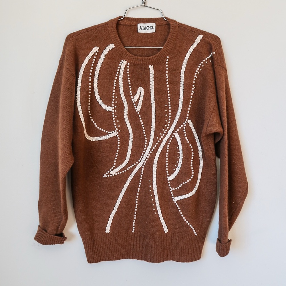 Brown Crewneck Sweater with White Detailing